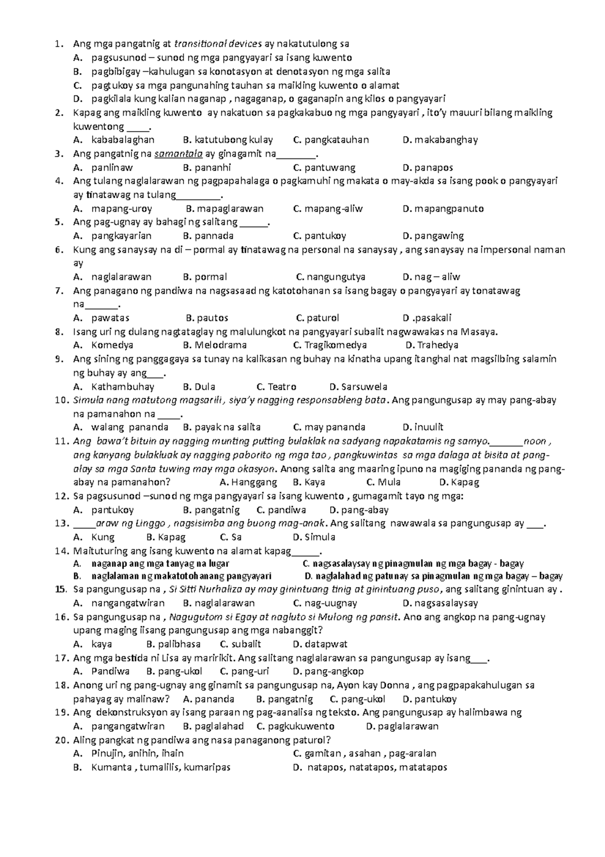 Filipino MajorK12 Ang mga pangatnig at transitional devices ay