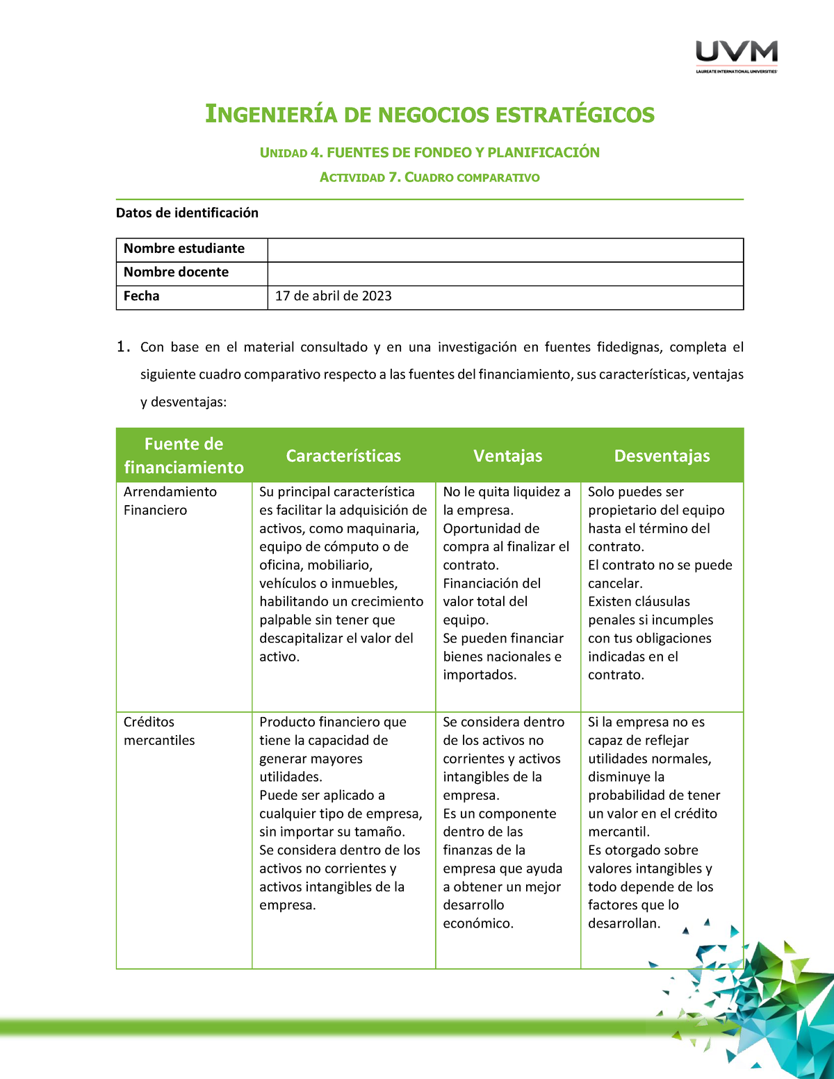 Actividad 7 Cuadro Comparativo IngenierÕa De Negocios Estrat Unidad 4 Fuentes De Fondeo Y 3898