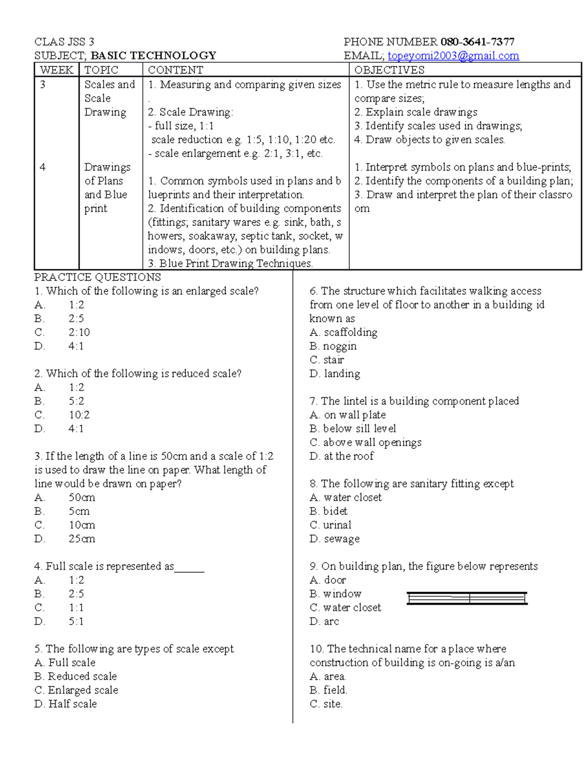 Basic TechnologyScales and Scale drawing CLAS JSS 3 PHONE NUMBER 080