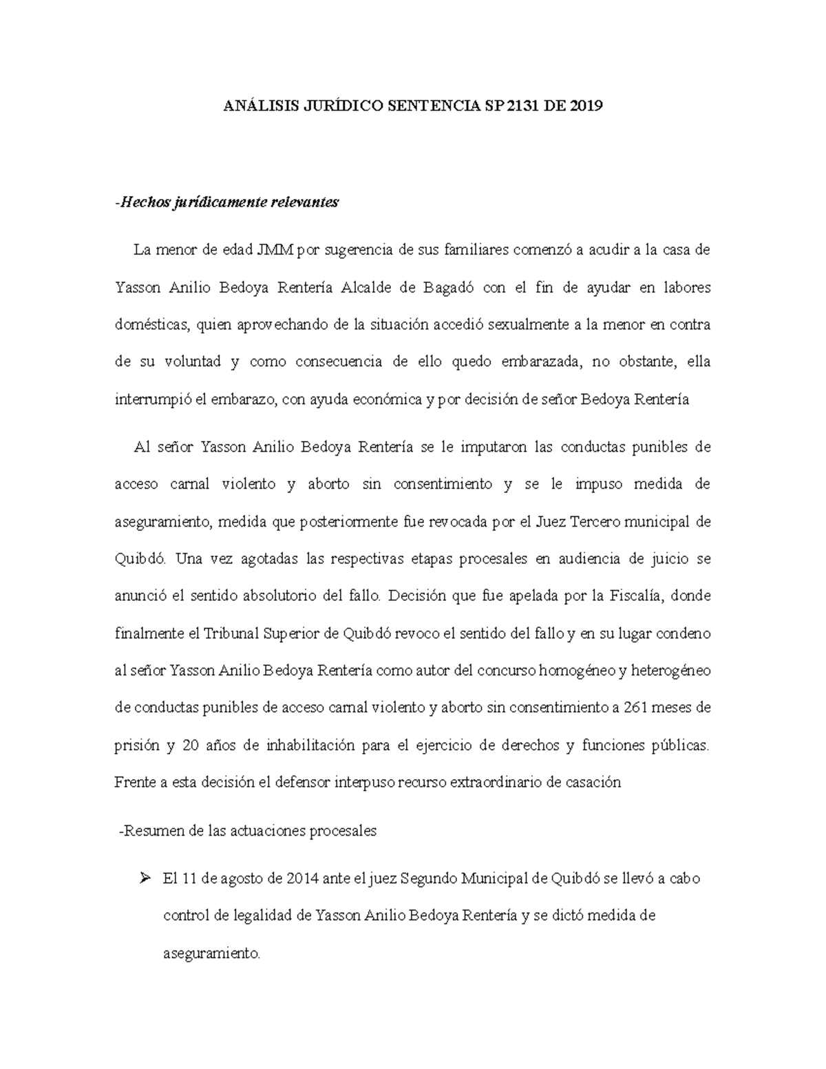 Análisis Jurídico Sentencia SP 2131 DE 2019 - ANÁLISIS JURÍDICO