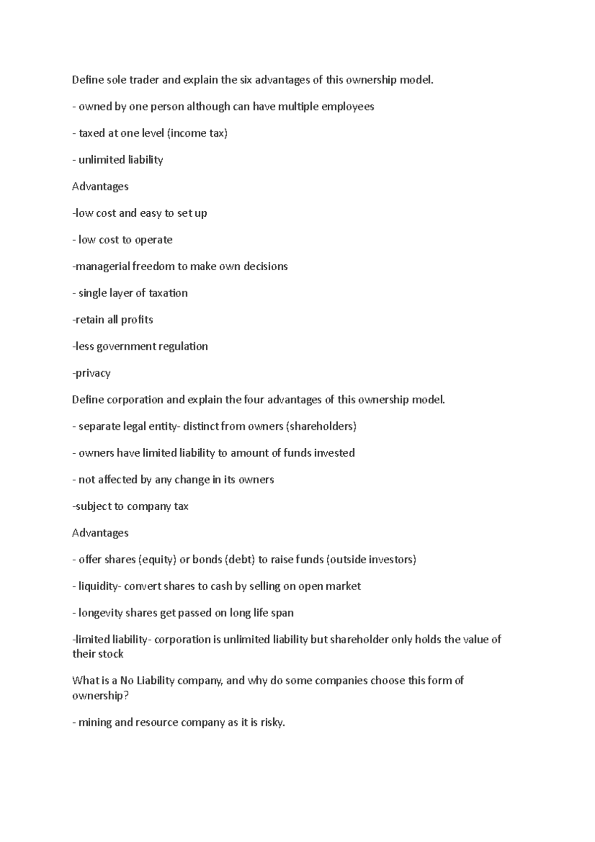 Tutorial 1 Lecture notes 1 Define sole trader and explain the six