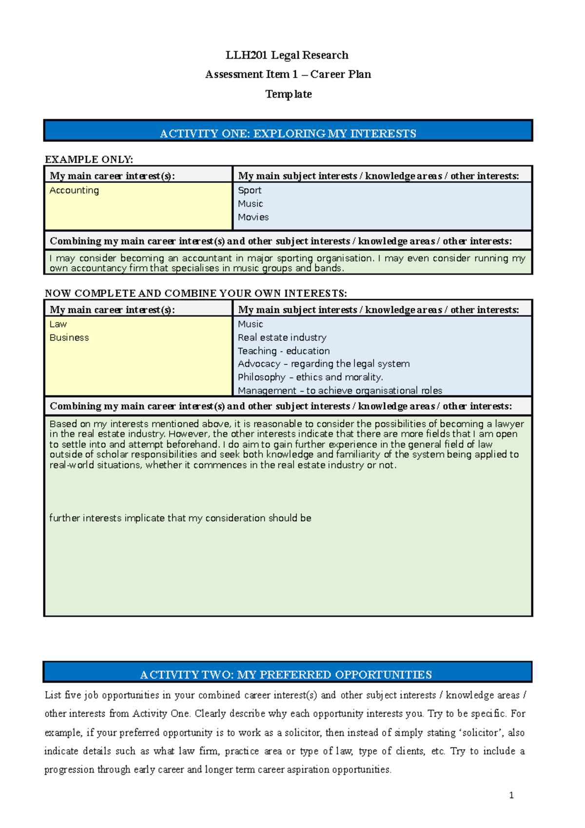 Career Plan Template - LLH201 Legal Research Assessment Item 1 – Career ...