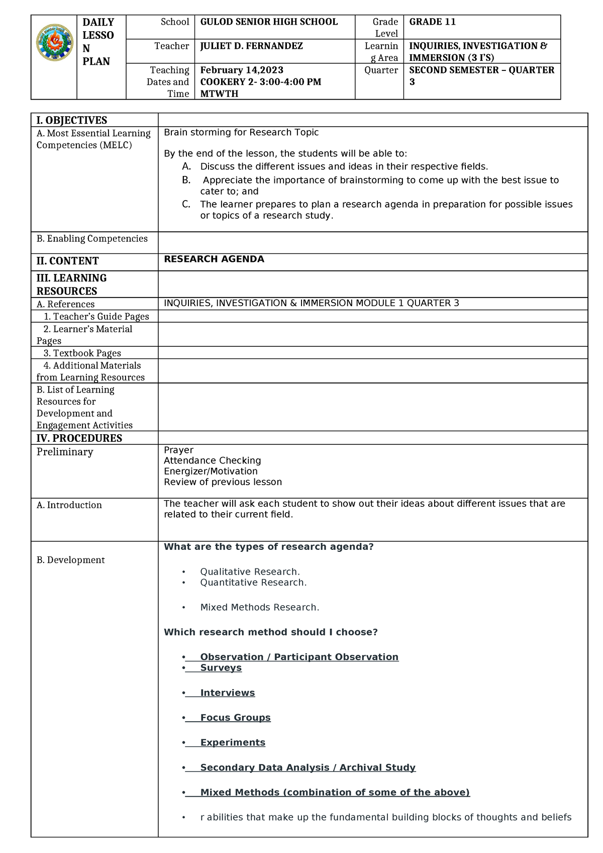 DLP feb - DAILY PLAN ABOUT BREAD AND PASTRY PRODUCTION NCII . BASIC ...