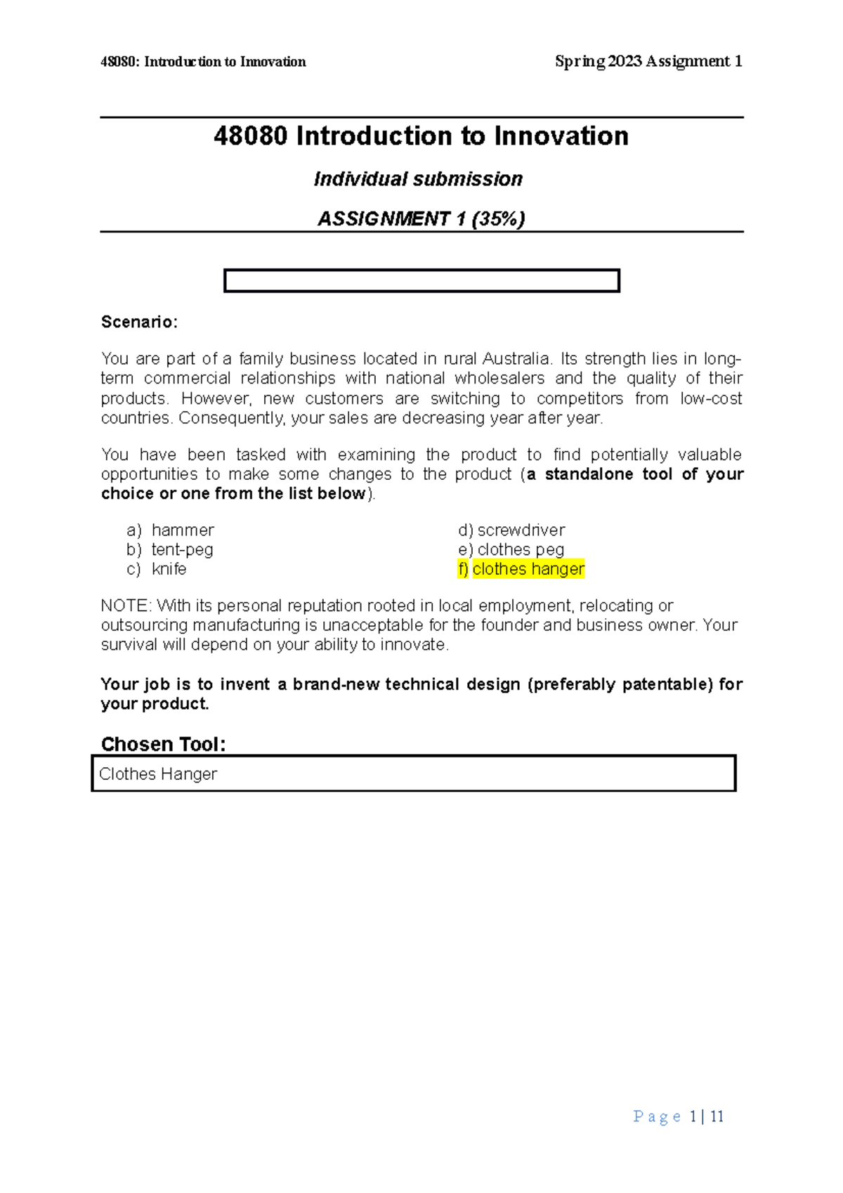 Assignment 1 - 48080 Introduction to Innovation Individual submission ...
