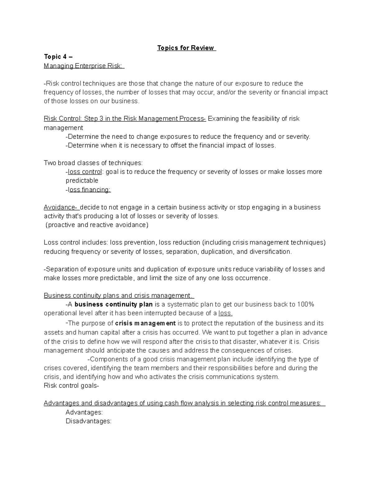 RMI 2101 - Intro to Risk Managment 2101 - Topics for Review Topic 4 ...