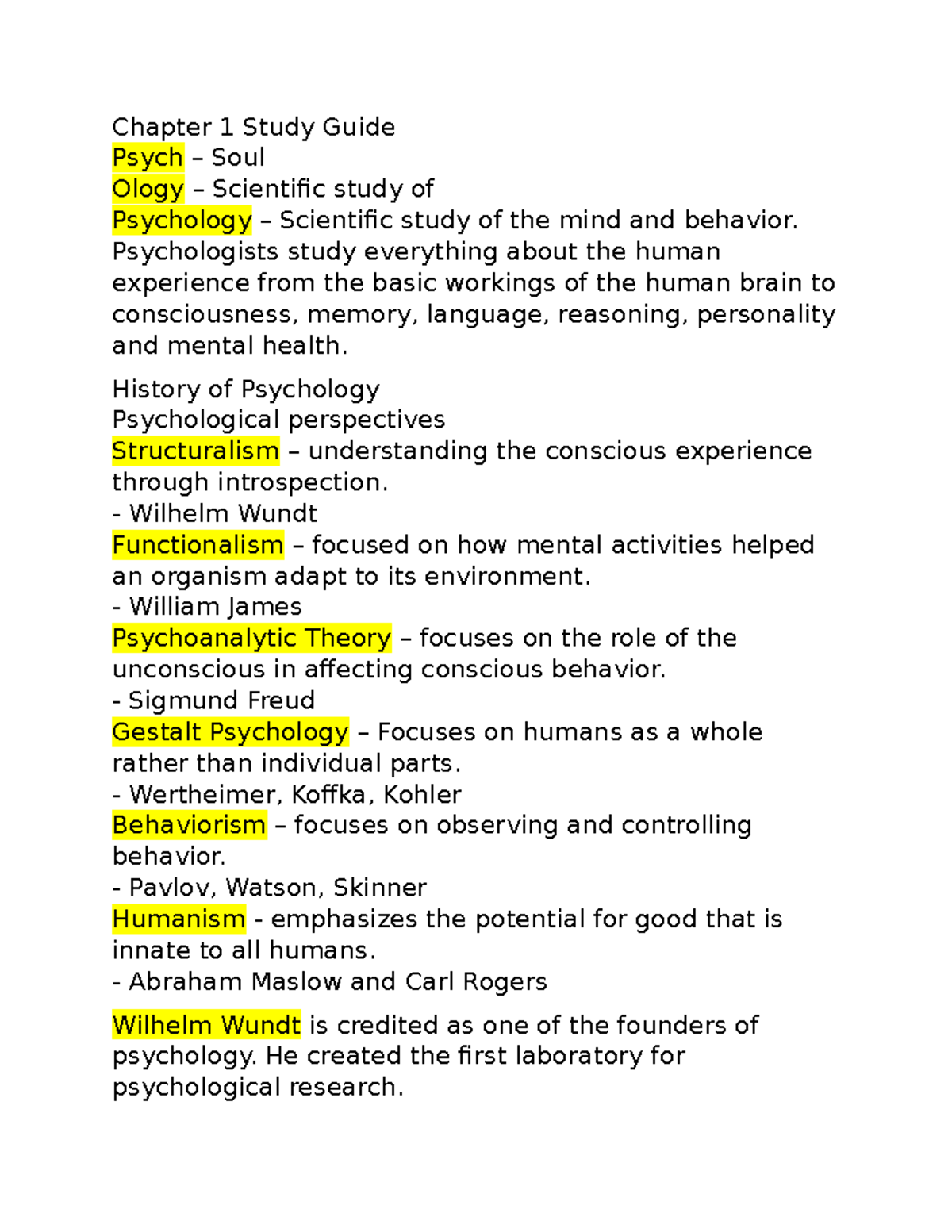 Psychology Chapter 1 Study Guide - Chapter 1 Study Guide Psych – Soul ...