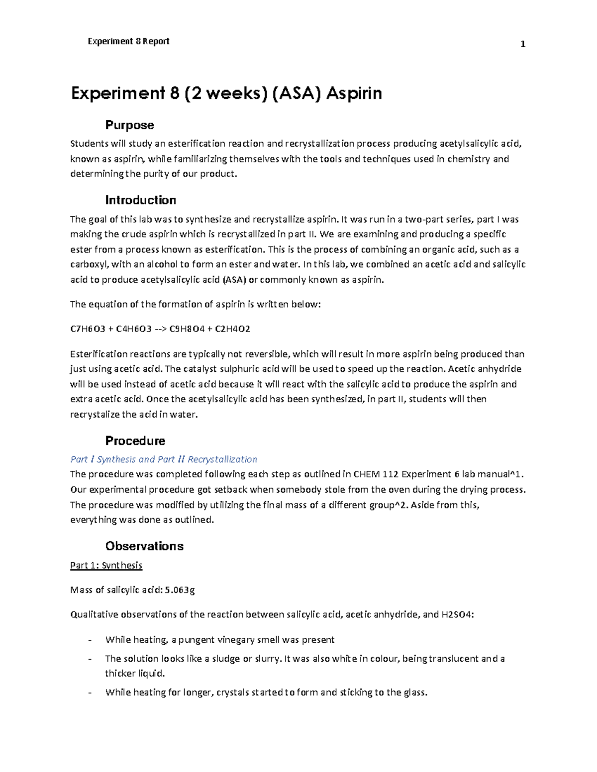 Aspirin Lab - Experiment 8 (2 weeks) (ASA) Aspirin Purpose Students ...