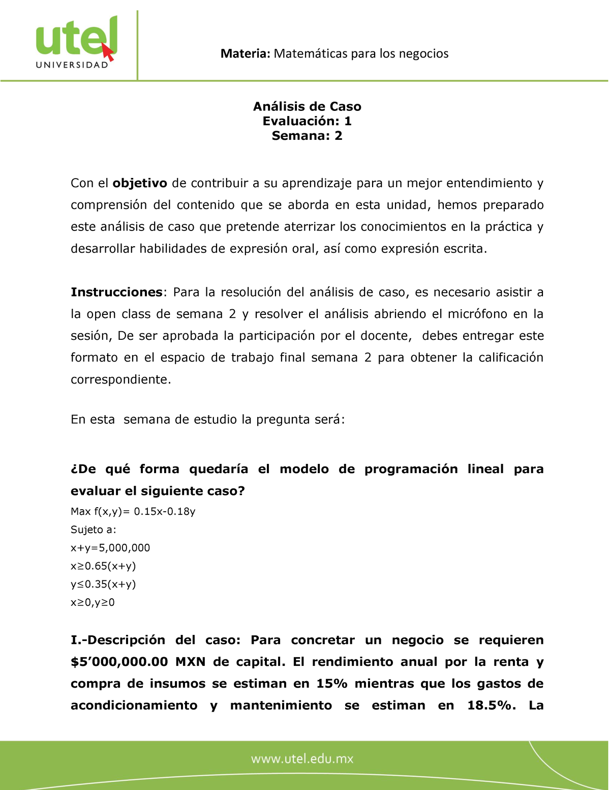 Matemáticas Para Negocios Evaluación 1 P - 1 Materia: Matem·ticas Para ...