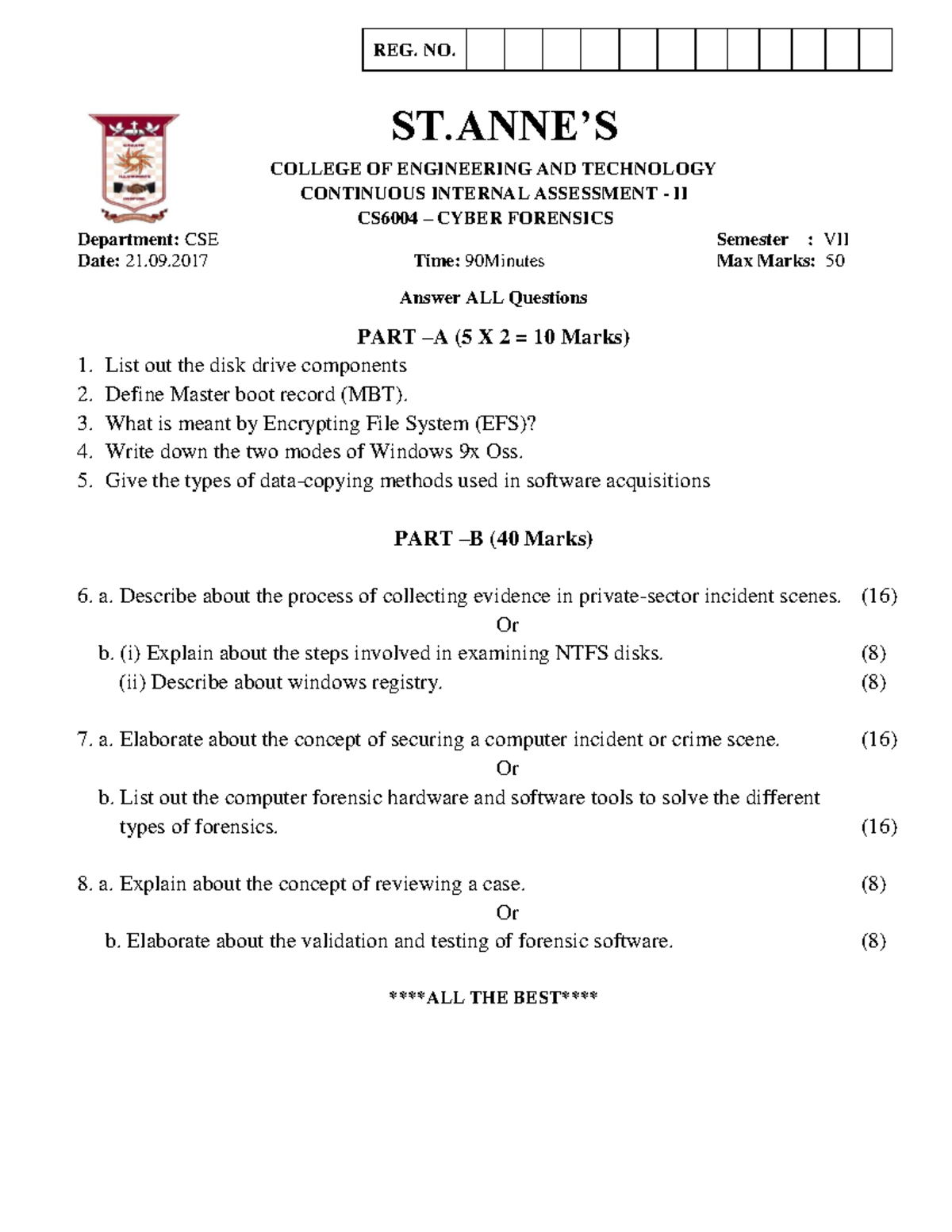 CS6004 CF CIA-II - INTERNAL EXAM QUESTION PAPER - REG. NO. ST’S COLLEGE ...