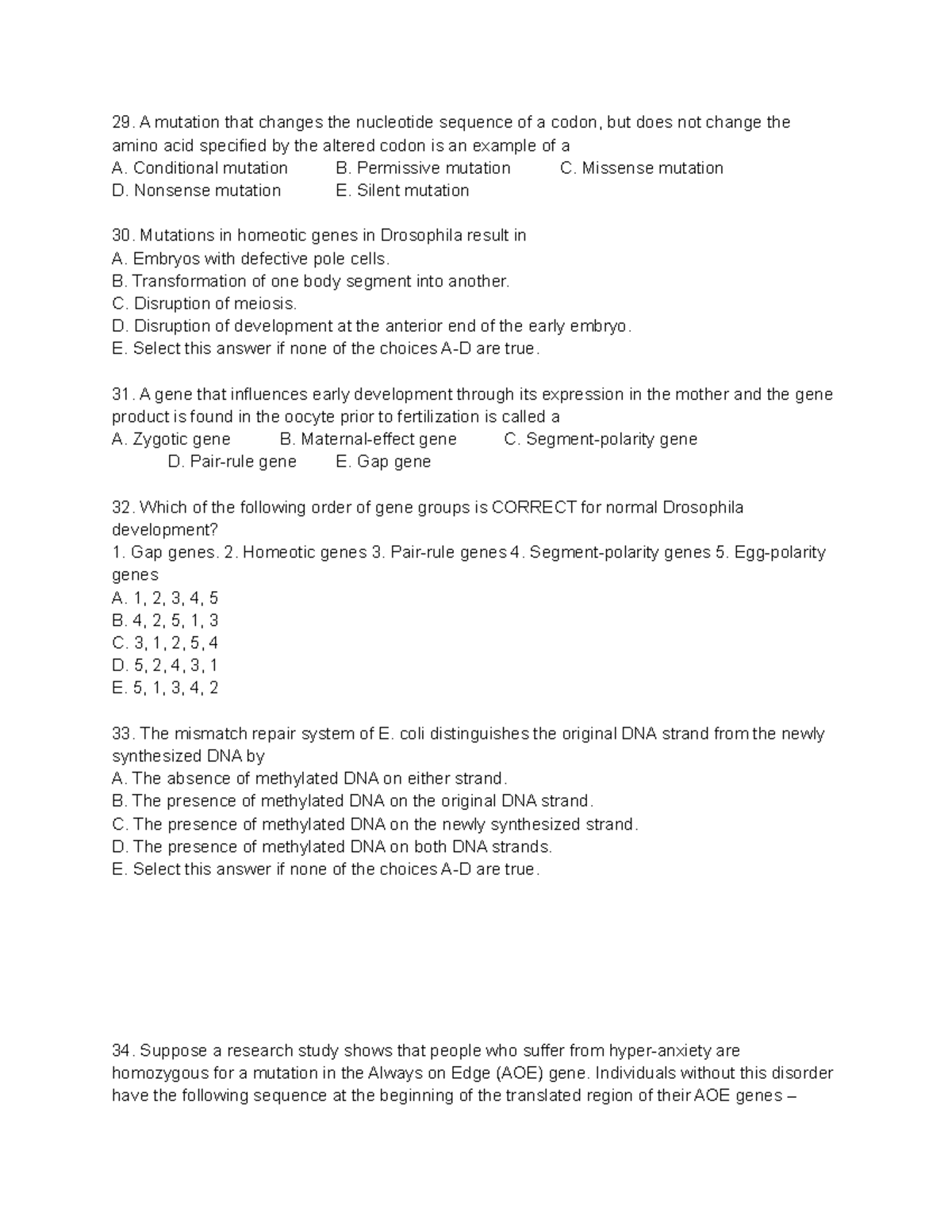 Genetics SI Exam 4 Sample Questions Part 5 - A mutation that changes ...