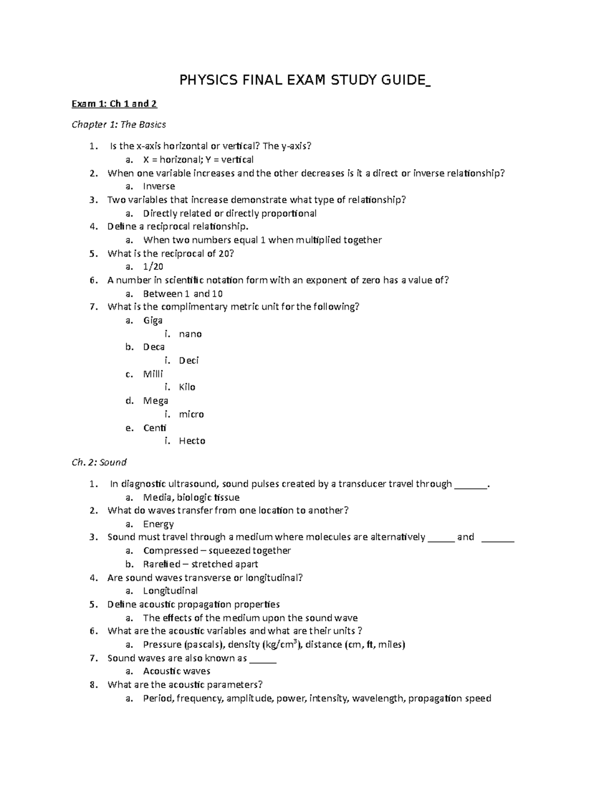 Physics final exam study guide - PHYSICS FINAL EXAM STUDY GUIDE Exam 1 ...