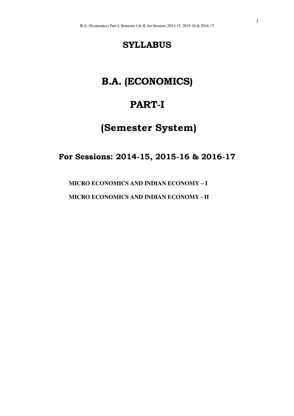 Subject - Economics B.A. Part-I(Semester I ) - 1 B. (Economics ...