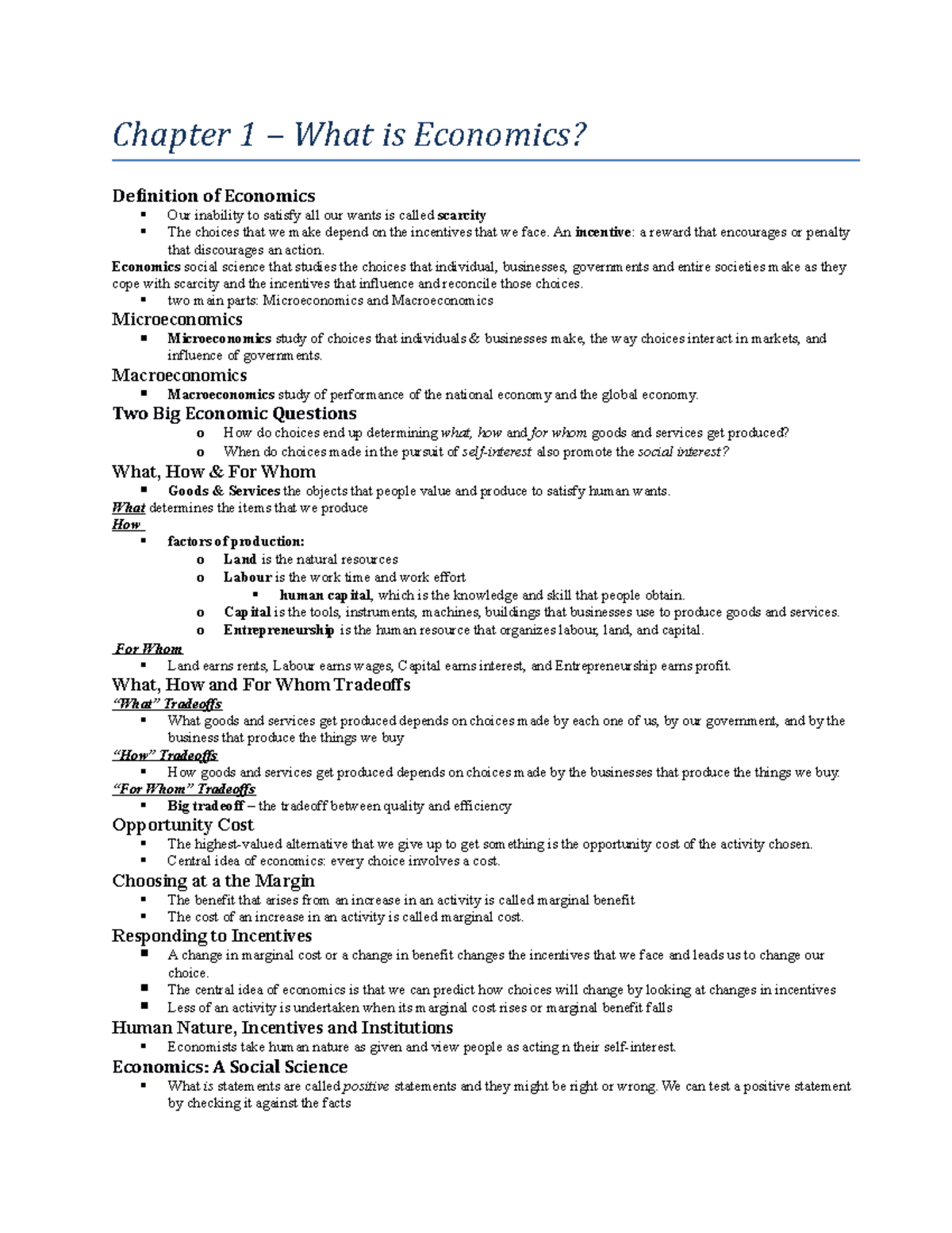 ECON 1000 Study Package ( Notes FROM 1-17) - Copy - Chapter 1 – What is ...