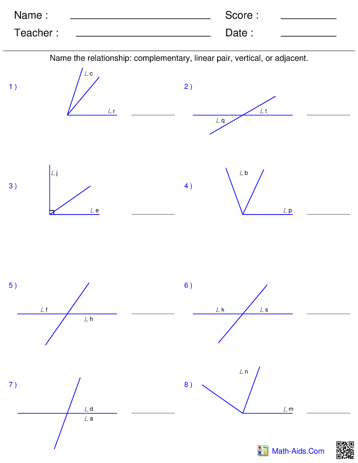 Angles pairs - Name : Teacher : Date : Score : Math-Aids Name the ...