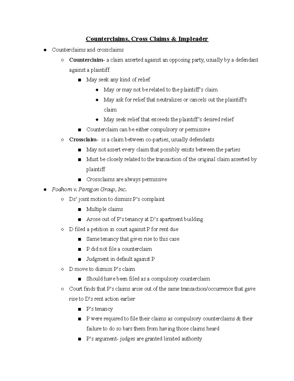 9 20 21 Before Class Notes - Counterclaims, Cross Claims & Impleader ...