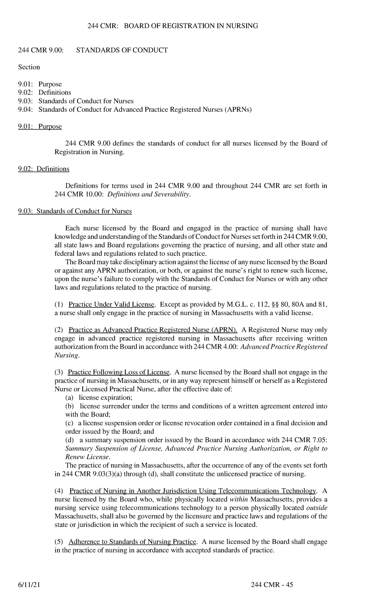 Nursing Federal And State Laws - 244 Cmr 9: Standards Of Conduct 