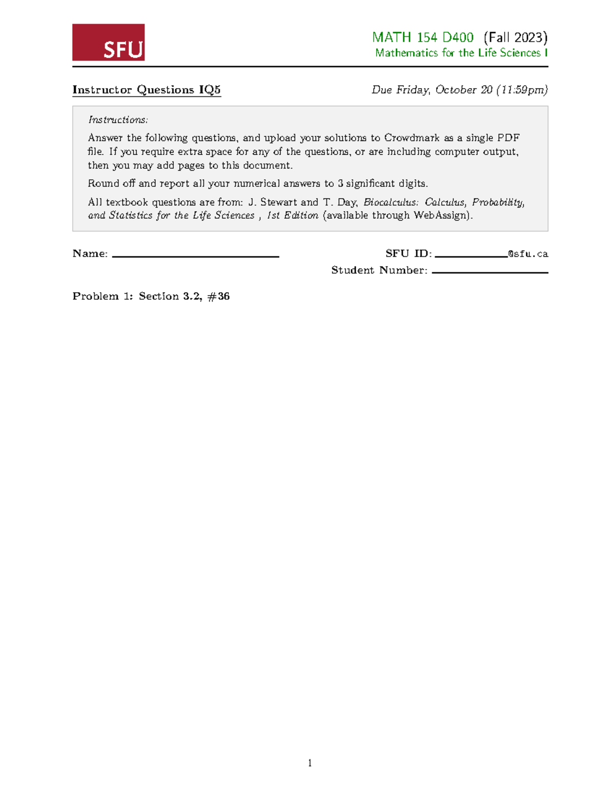 Written assinment - practice quesions - MATH 154 D400 (Fall 2023 ...