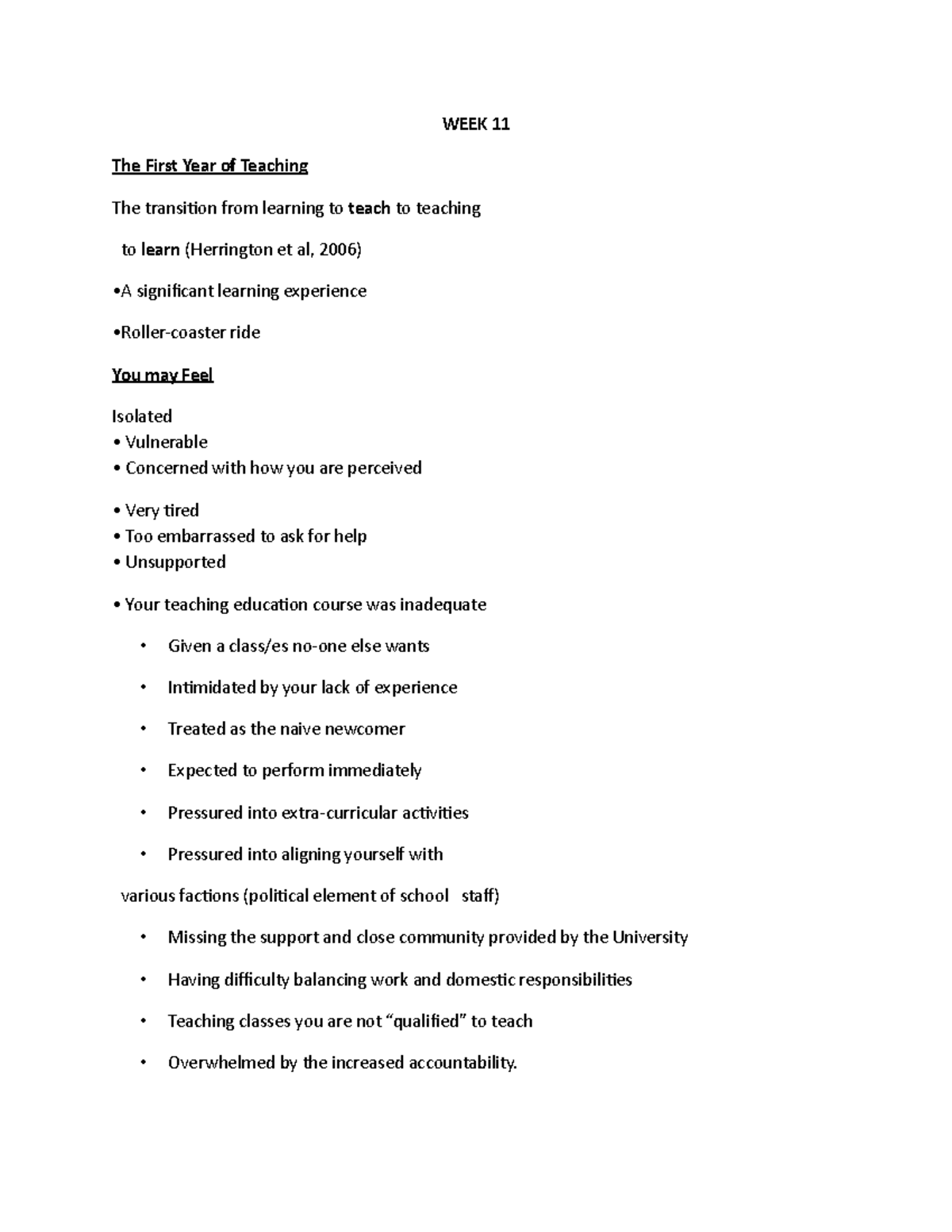 WEEK 11 - Week 11 Notes - WEEK 11 The First Year of Teaching The ...