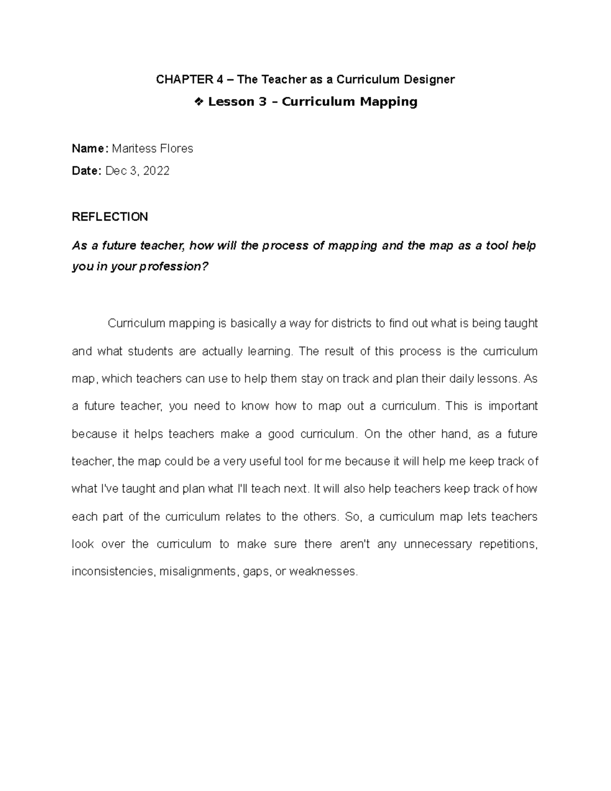 Reflection - ESSAY - CHAPTER 4 – The Teacher as a Curriculum Designer ...