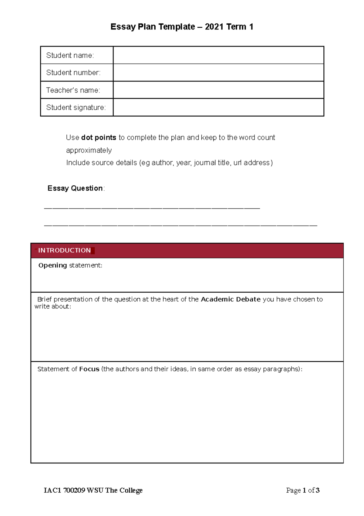 700209 IAC1 2021.1 - Assessment 2a Essay plan - Template - Essay Plan ...