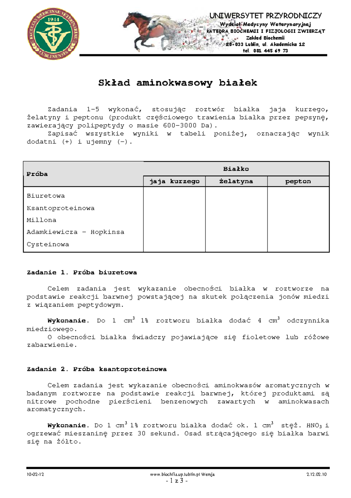 Biochemia I 1 cw - UNIWERSYTET PRZYRODNICZY Wydział Medycyny ...