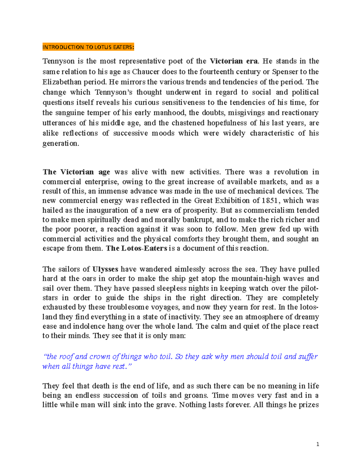 THE Lotus Eaters BY Tennyson INTRODUCTION TO LOTUS EATERS