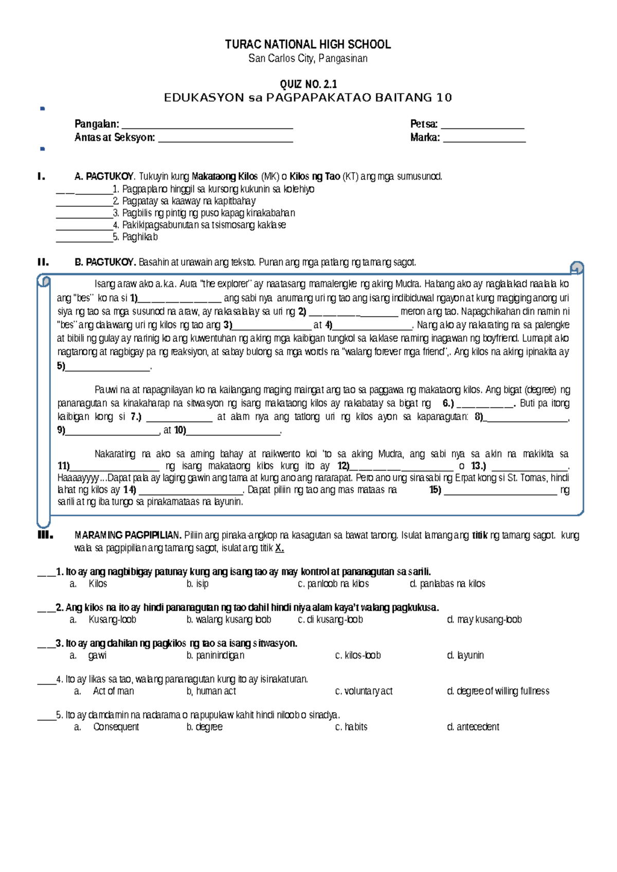 Quiz No. 2.1 ESP - TURAC NATIONAL HIGH SCHOOL San Carlos City ...