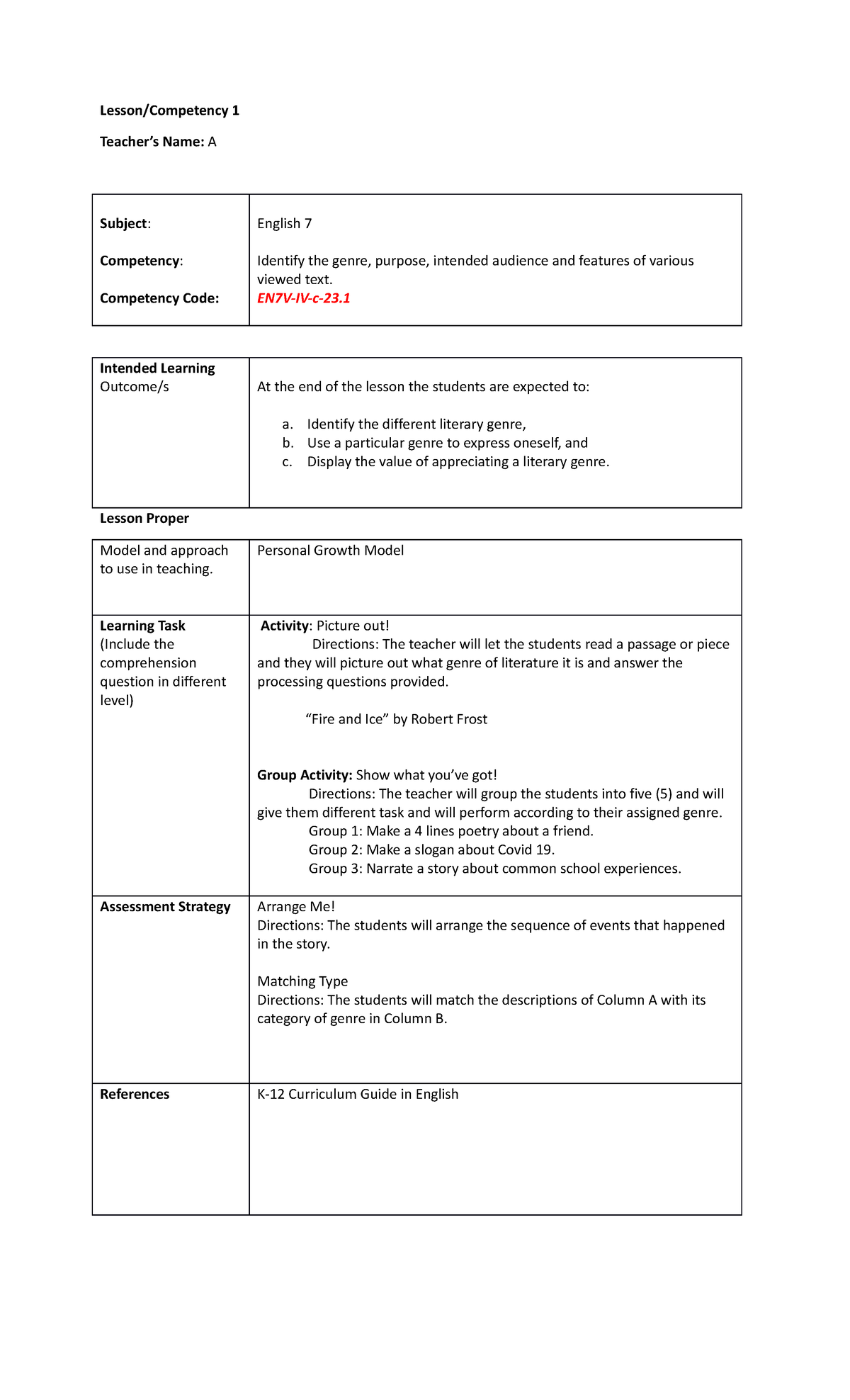 Competency 1 - Sample Plan - Lesson/Competency 1 Teacher’s Name: A ...