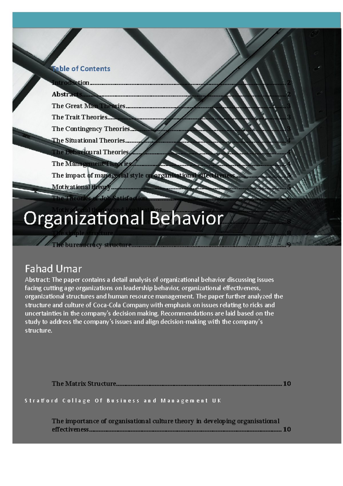Organisational Behaviour A case study of Coke - Table of Contents - Studocu