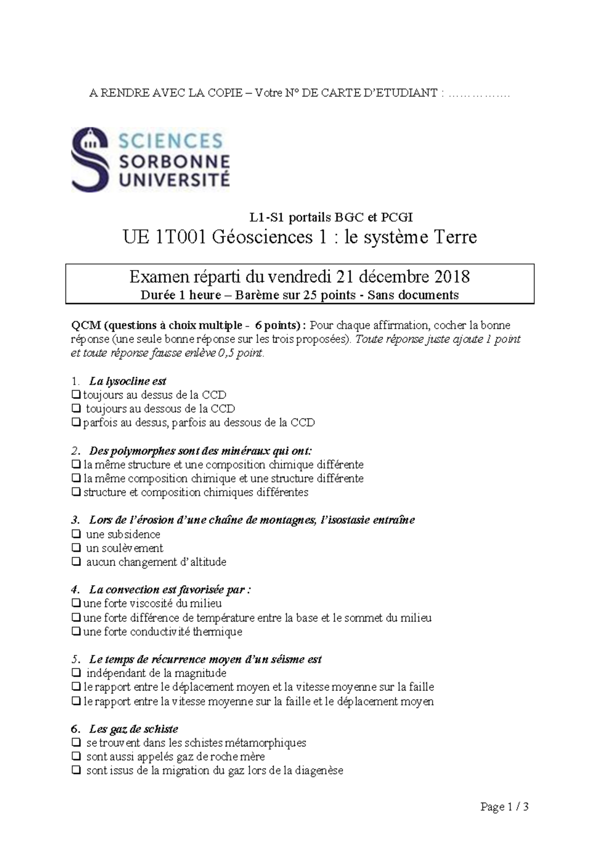 Exam2-Geosc 1-2018 - Annales - Page 1 / 3 A RENDRE AVEC LA COPIE ...