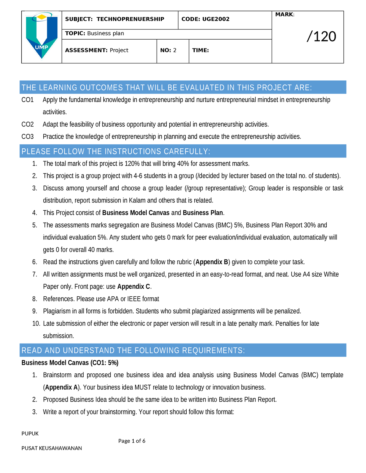 Latest Business Plan Guideline - SUBJECT: TECHNOPRENUERSHIP CODE: UGE ...