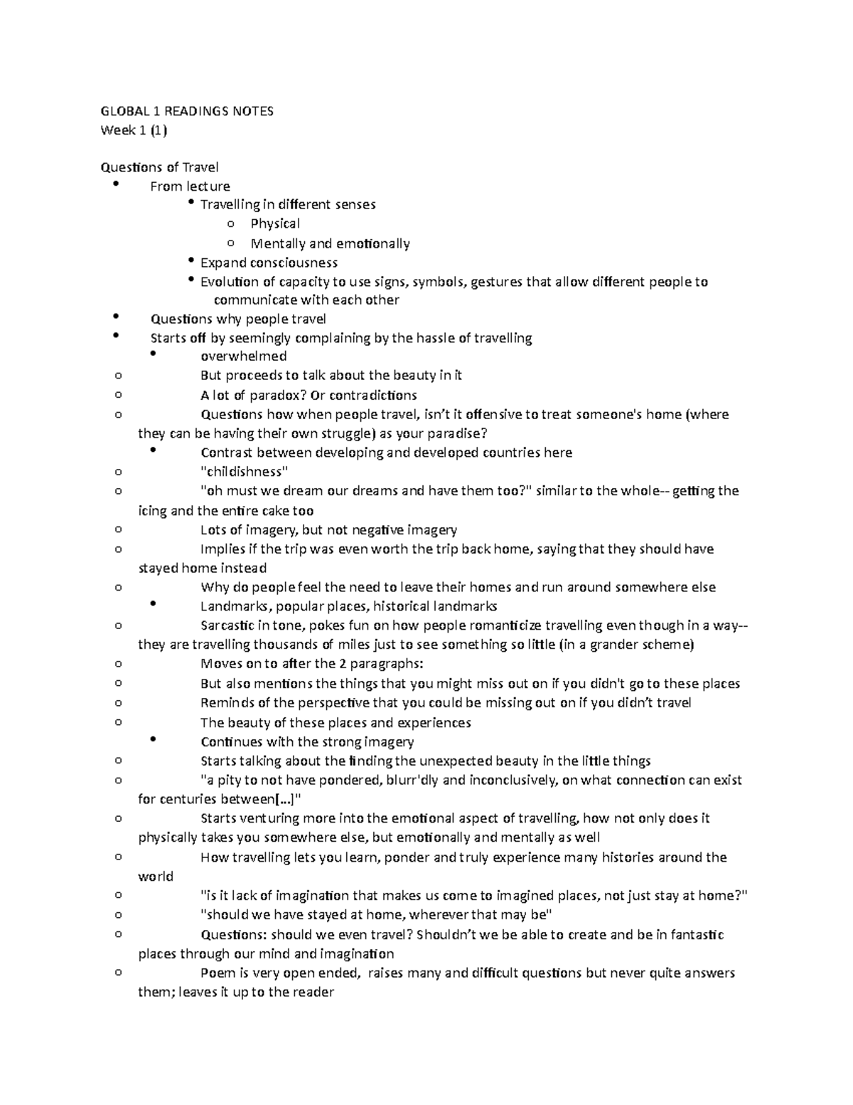 Global 1 Readings Notes - GLOBAL 1 READINGS NOTES Week 1 (1) Questions ...