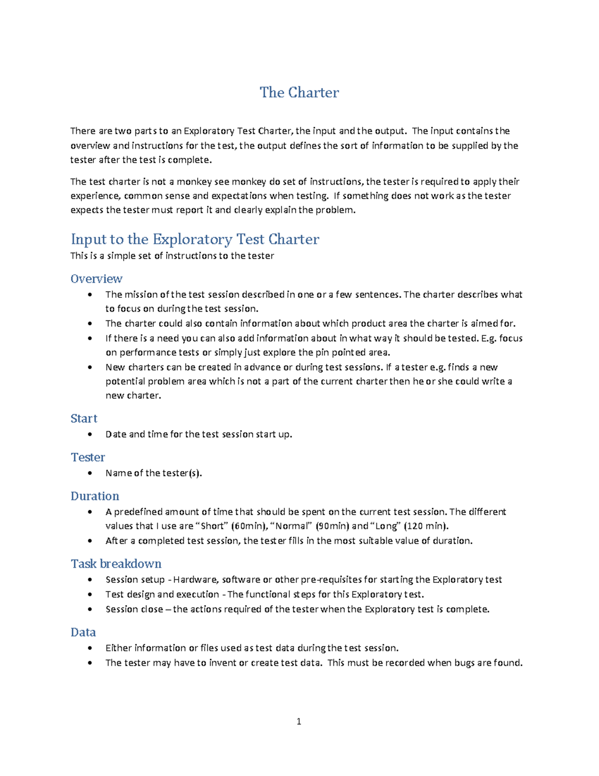 Exploratory Test Charter Instructions - 1 The Charter There are two ...