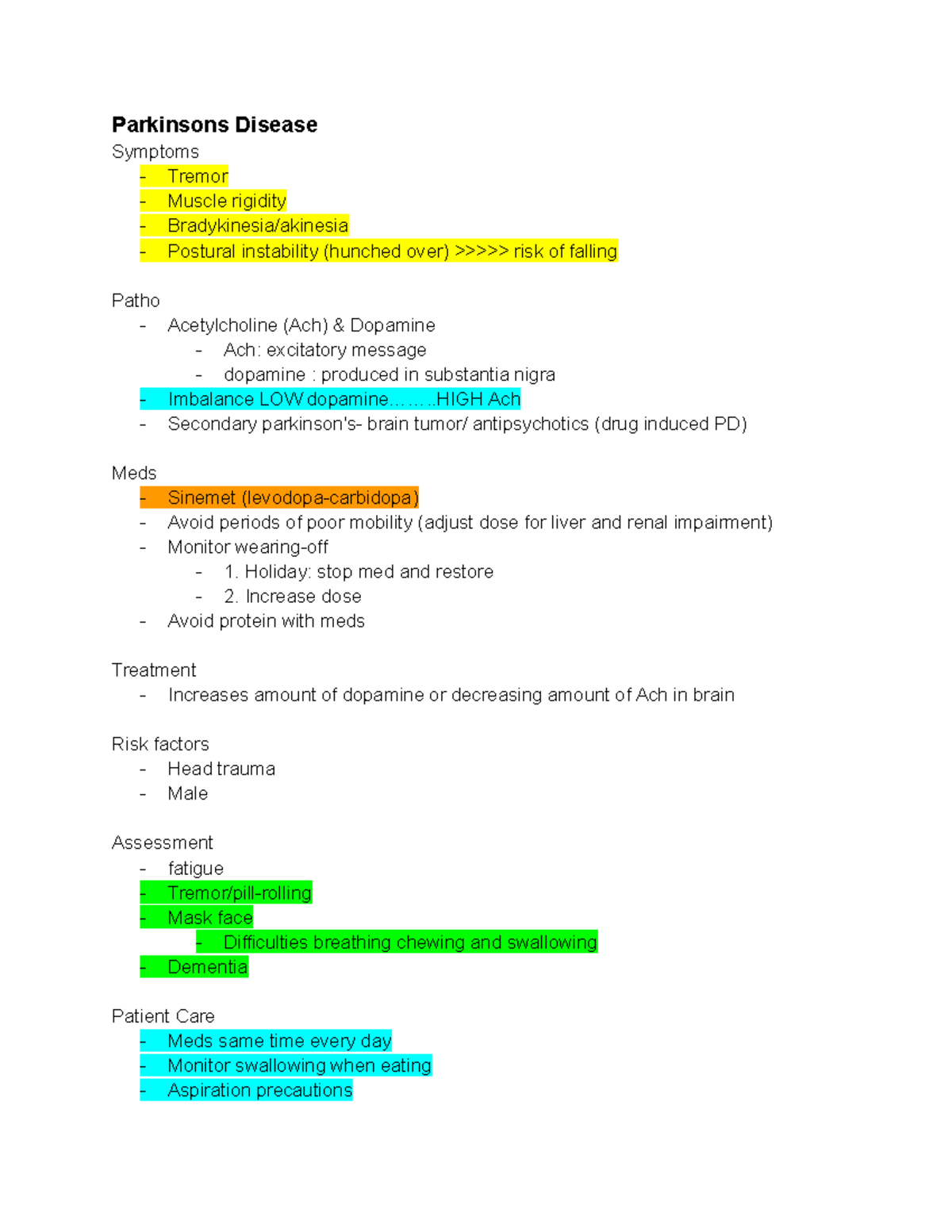 Adult Health test 3 Study Guide3 Parkinsons Disease Symptoms