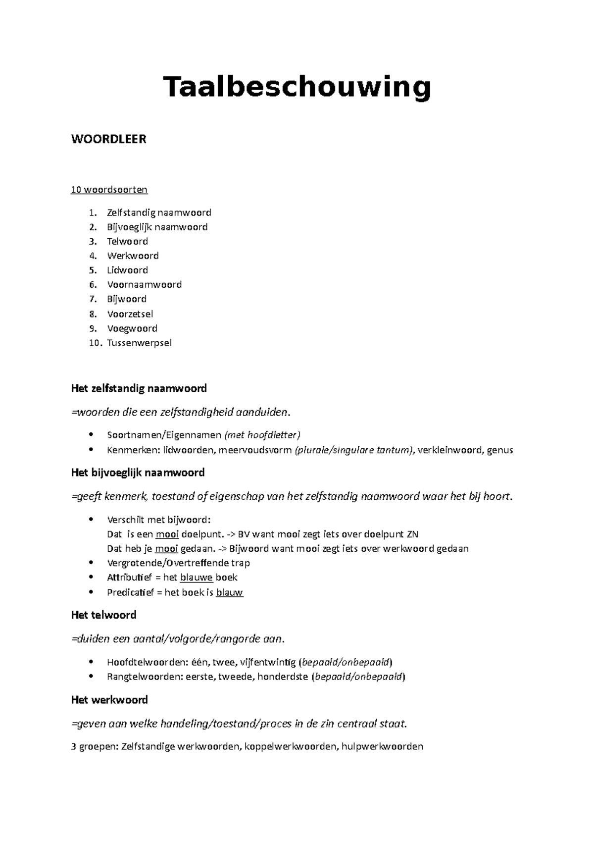 Taalbeschouwing - Taalbeschouwing WOORDLEER 10 Woordsoorten Zelfstandig ...