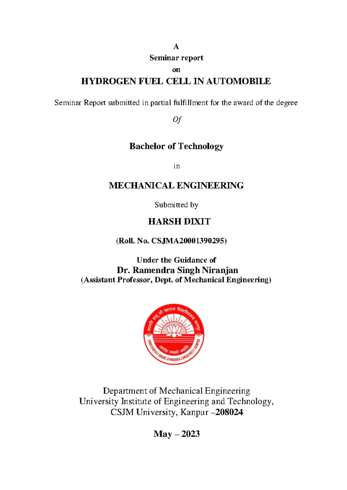 Hydrogen fuel cell A Seminar report on HYDROGEN FUEL CELL IN
