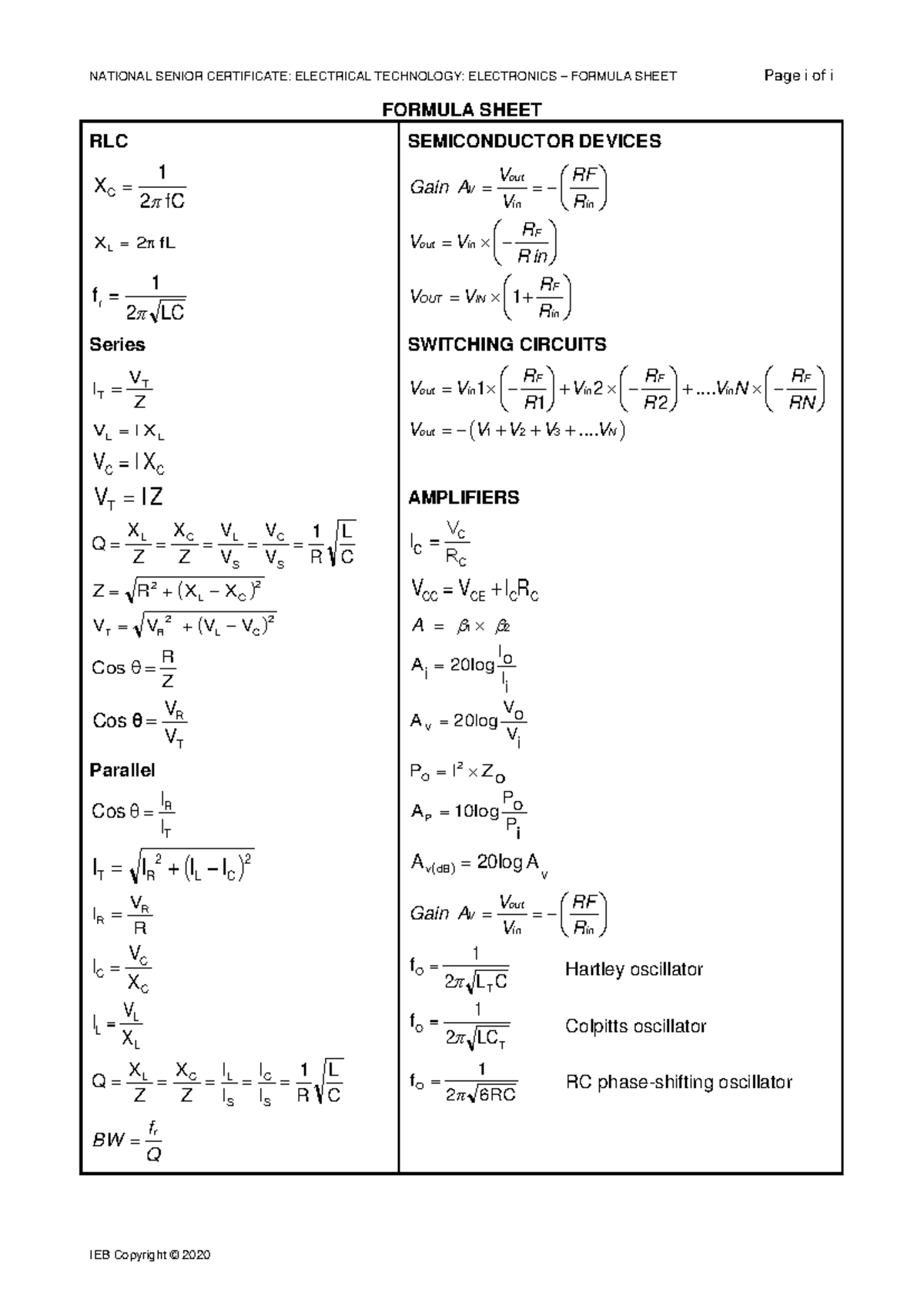 Electrical Technology Electronics Formula Sheet 2020 - NATIONAL SENIOR ...