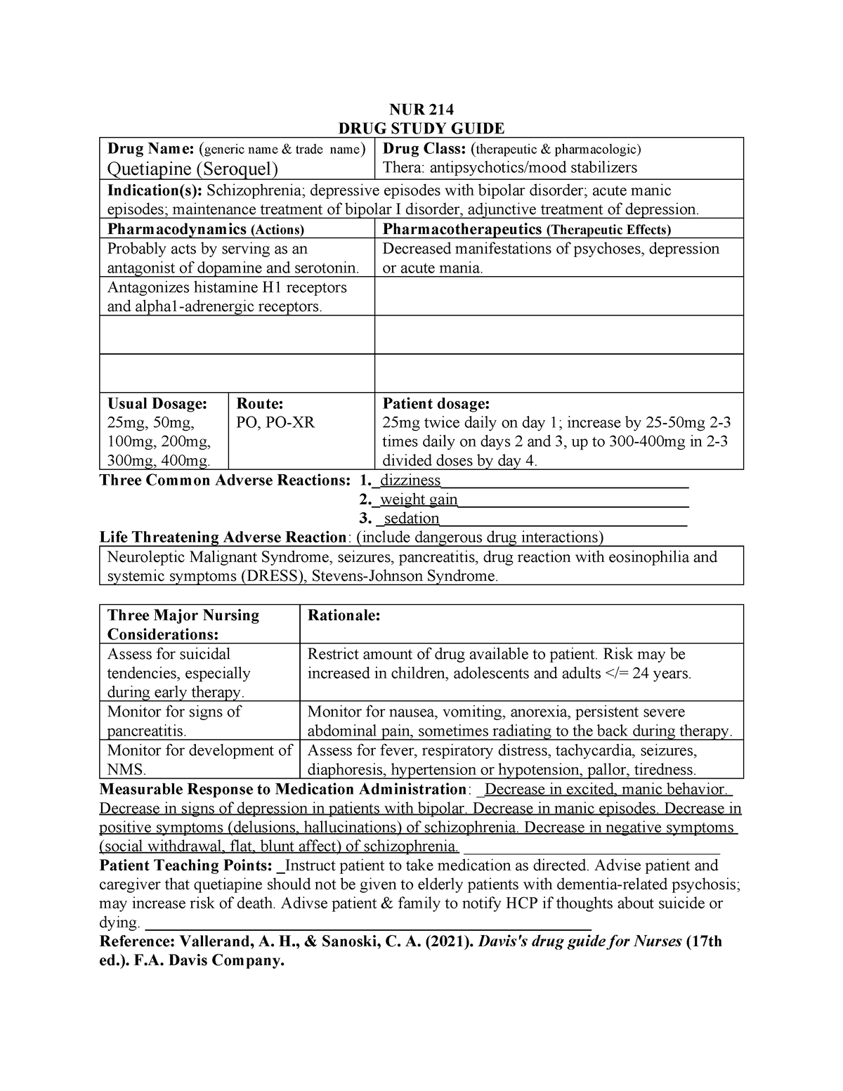 Quetiapine (Seroquel) - NUR 214 DRUG STUDY GUIDE Drug Name: (generic ...