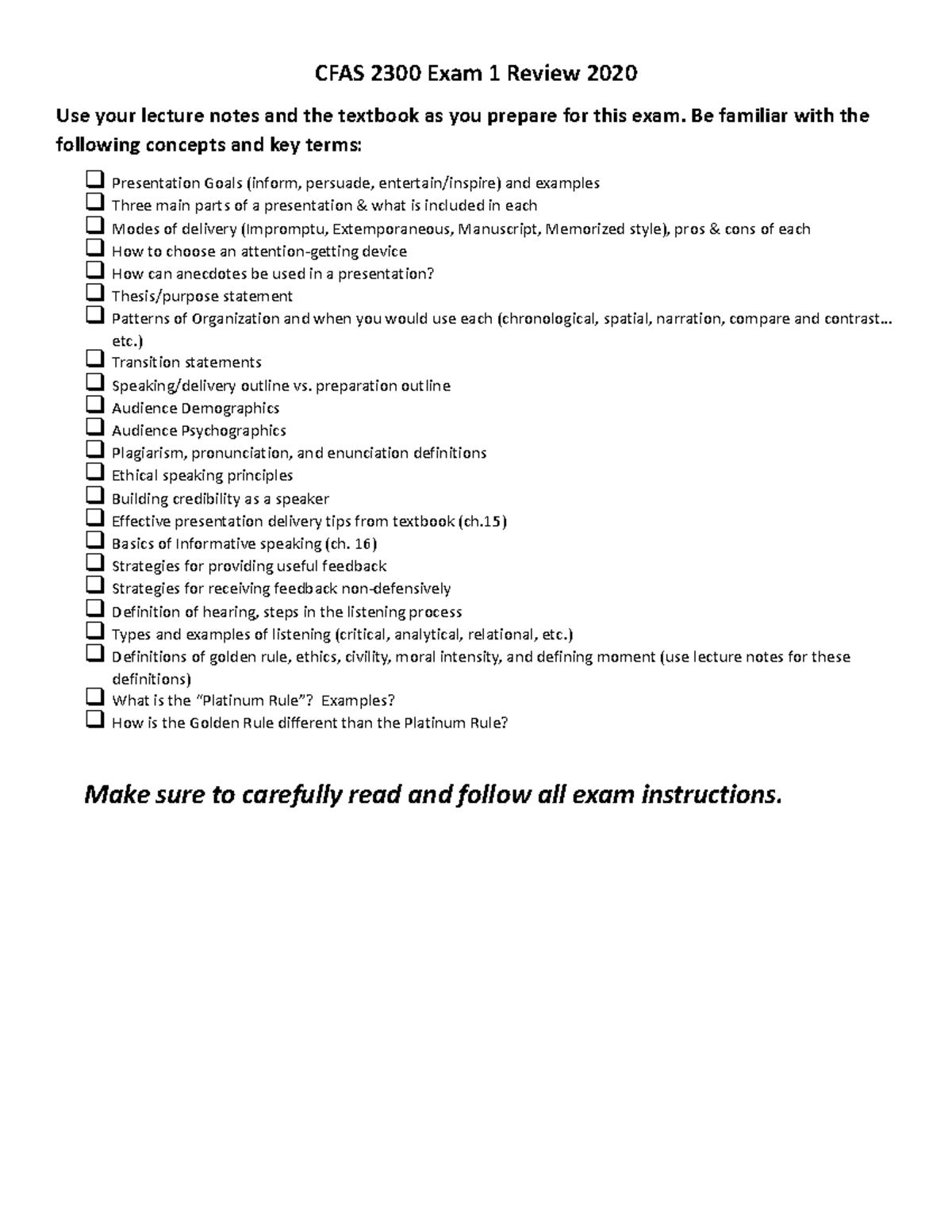 Exam 1 Review 2020 - CFAS 2300 Exam 1 Review 2020 Use your lecture ...