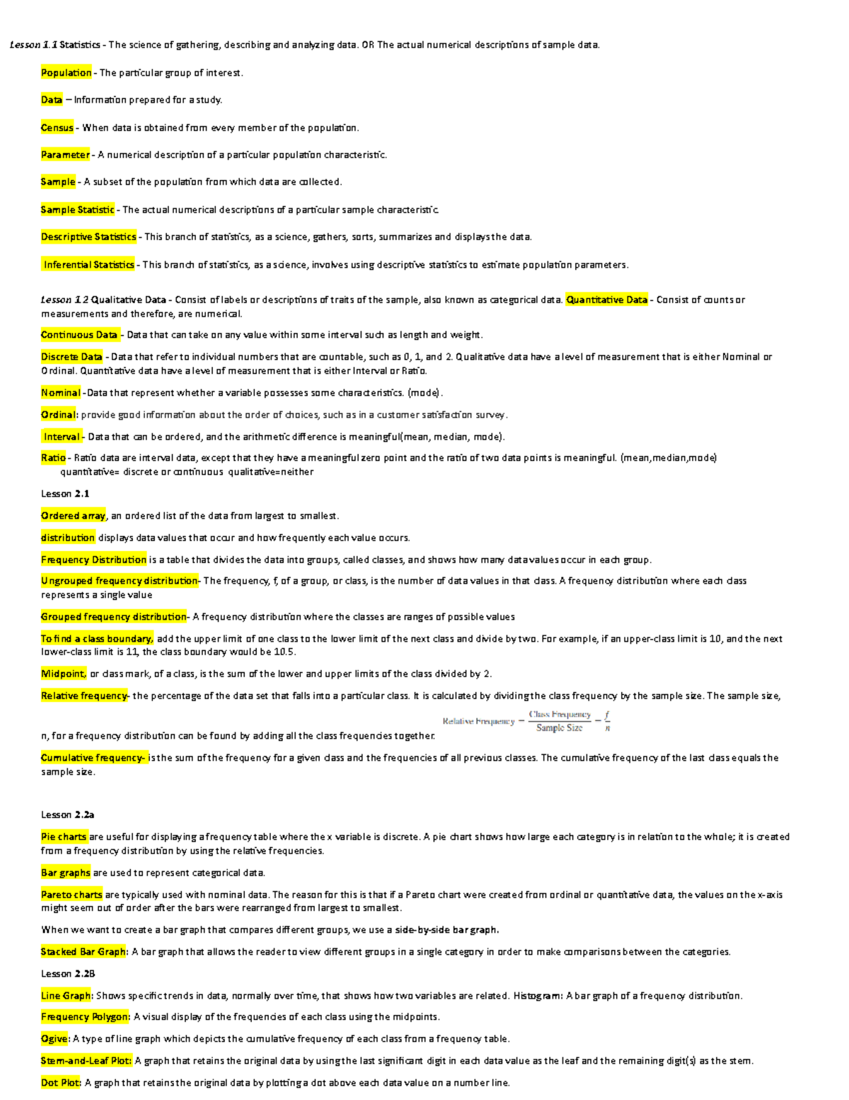 QMST 2333 Cheat Sheet - Lecture notes 1-10 - Lesson 1 Statistics - The ...