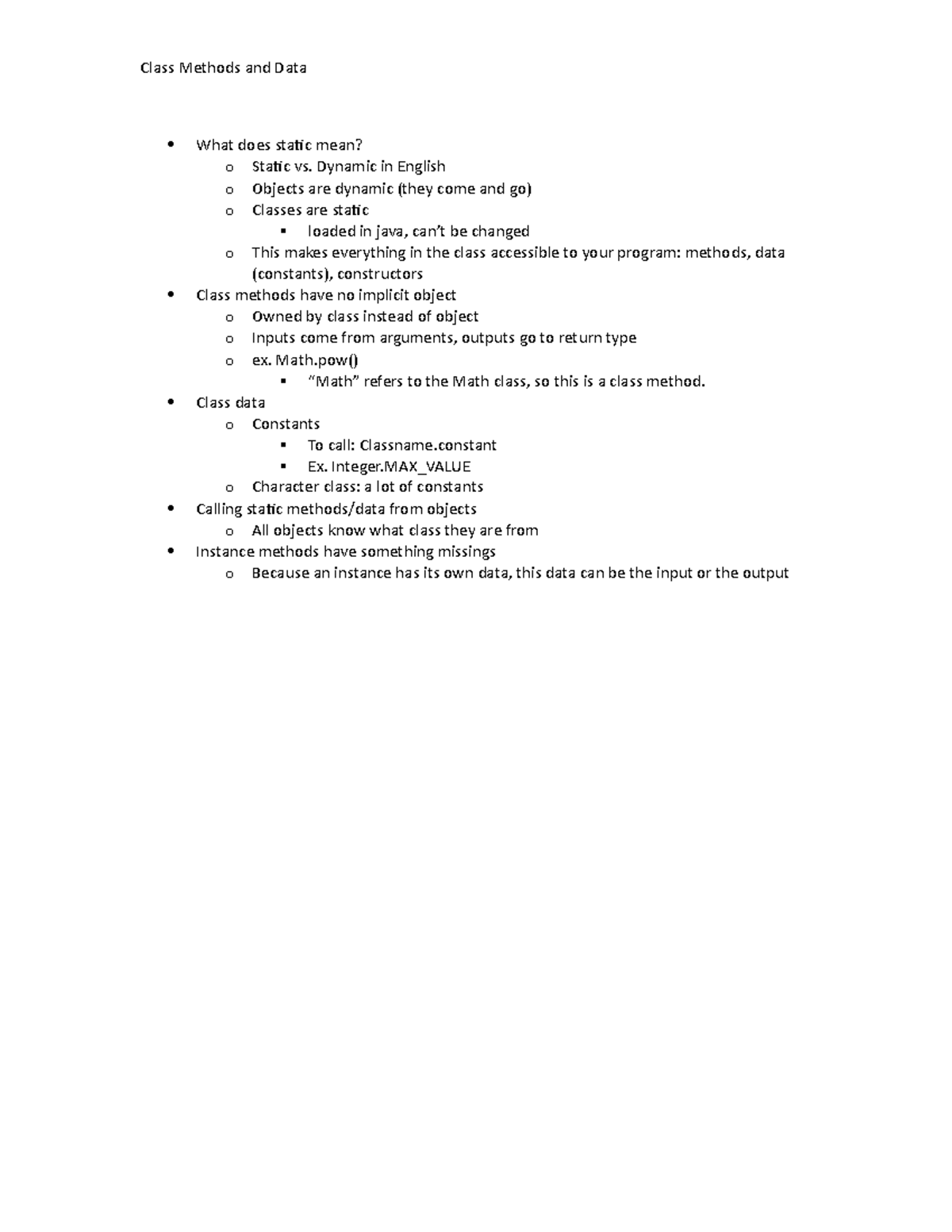 Class methods and data Lecture notes 16 Class Methods and Data What