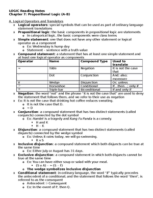 Logic R Chapter 7 A B Propositional Logic Logic Reading Notes Chapter Studocu