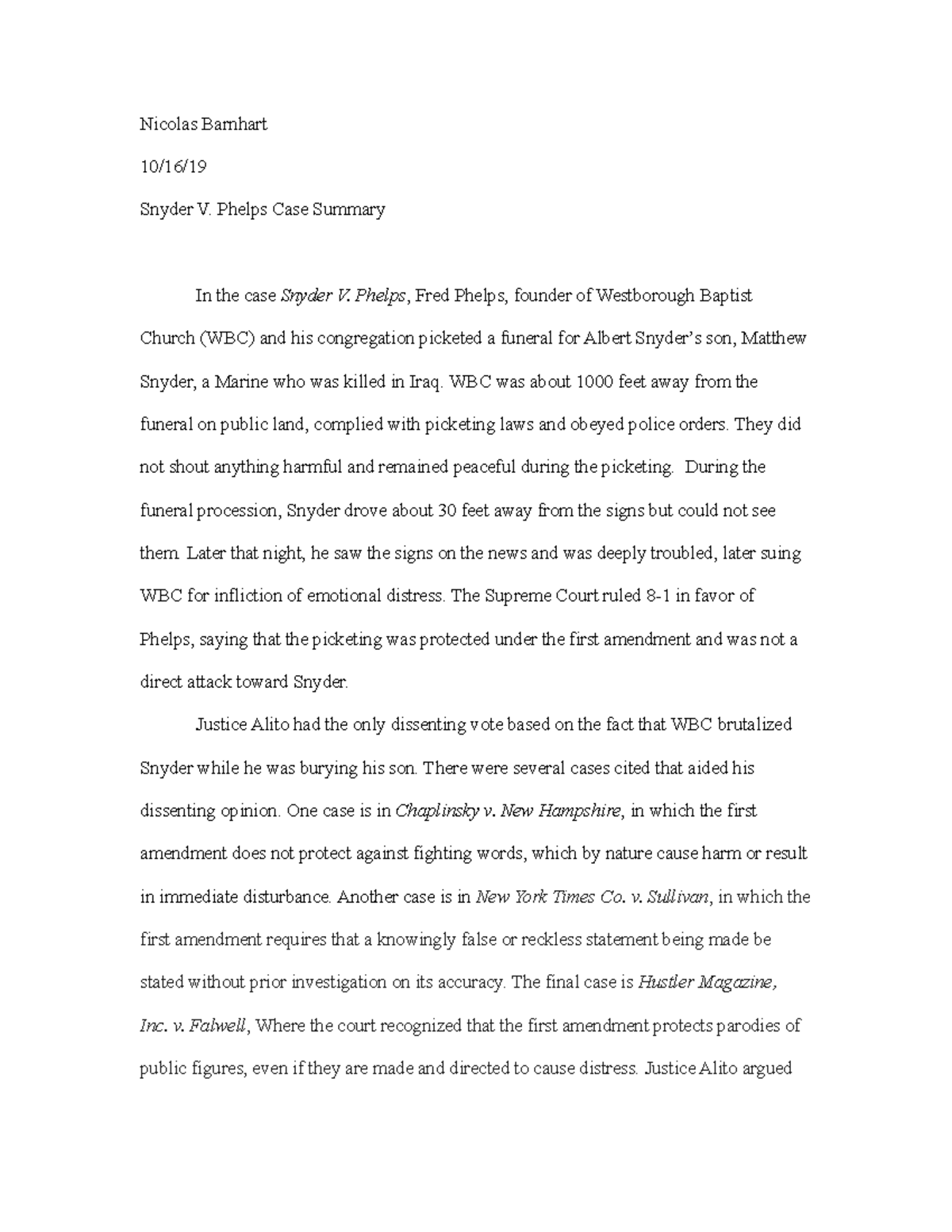 Snyder V. Phelps Case Summary - Nicolas Barnhart 10/16/ Snyder V