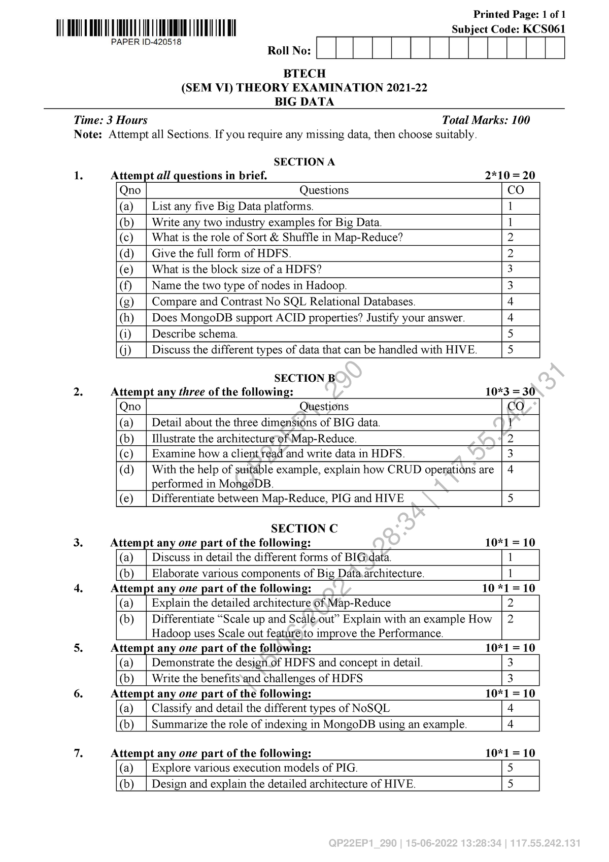 BIG-DATA-KCS061(Question paper) - BTECH Note: Attempt all Sections ...