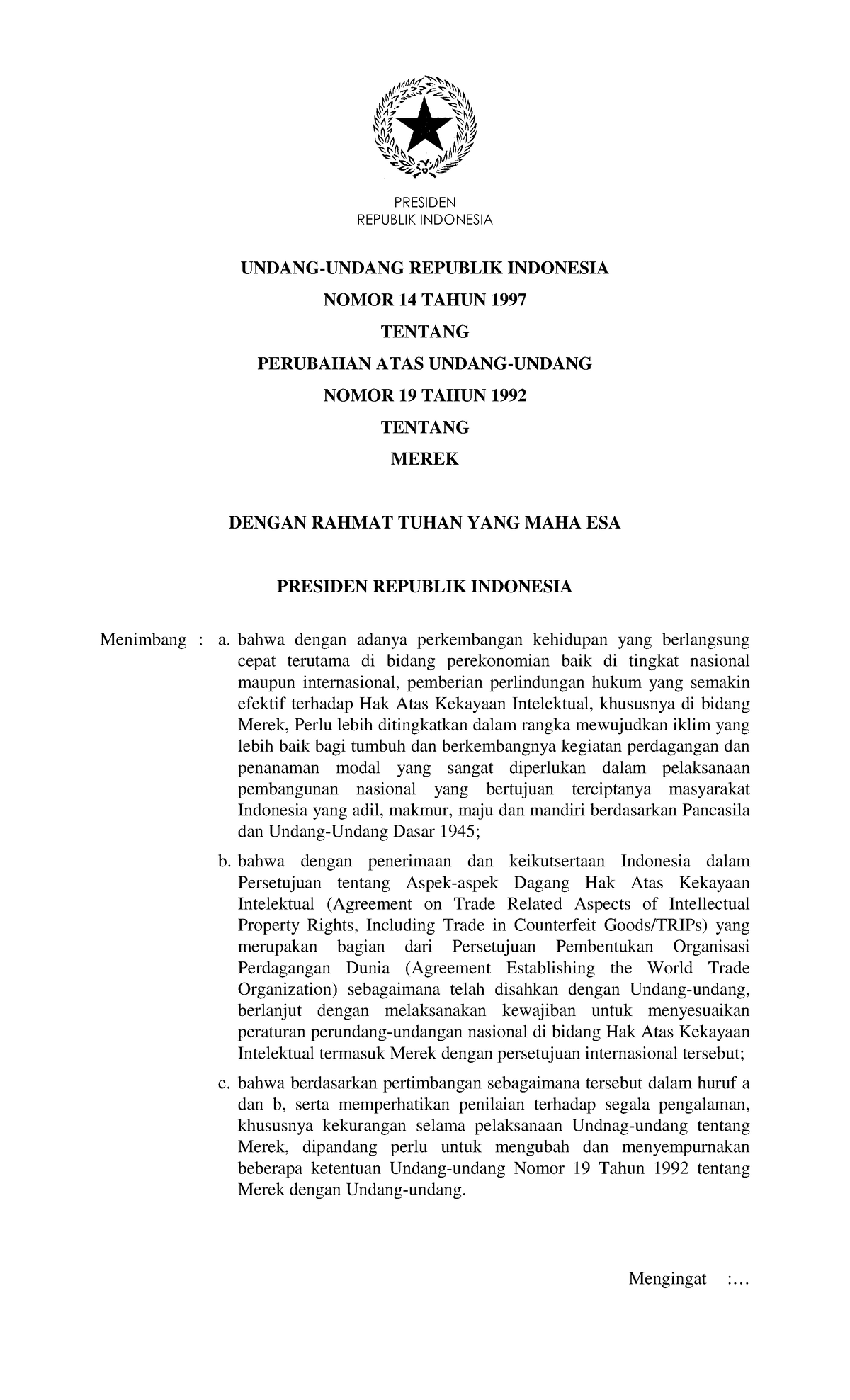 UU Nomor 14 Tahun 1997 - REPUBLIK INDONESIA UNDANG-UNDANG REPUBLIK ...