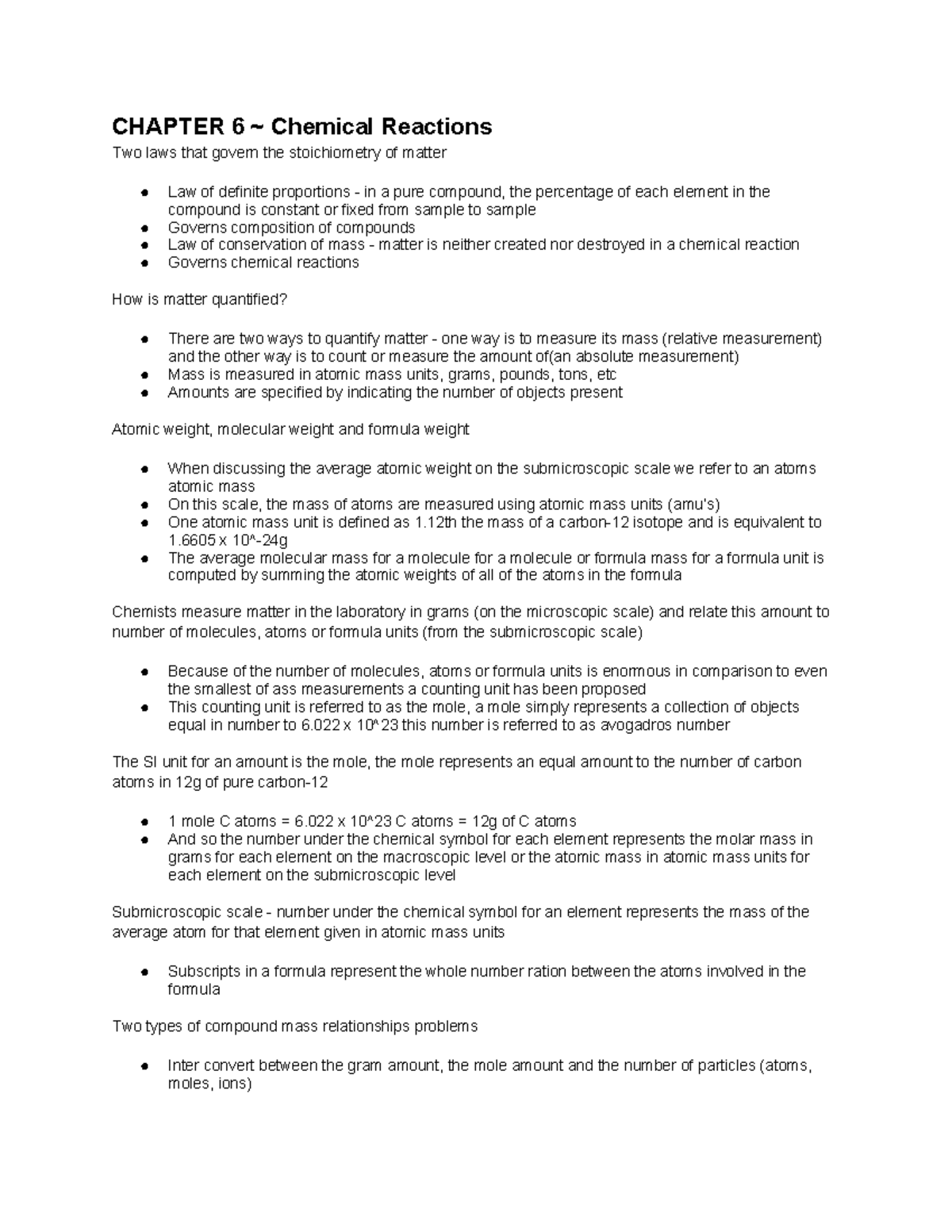Chapter 6 notes - CHAPTER 6 ~ Chemical Reactions Two laws that govern ...