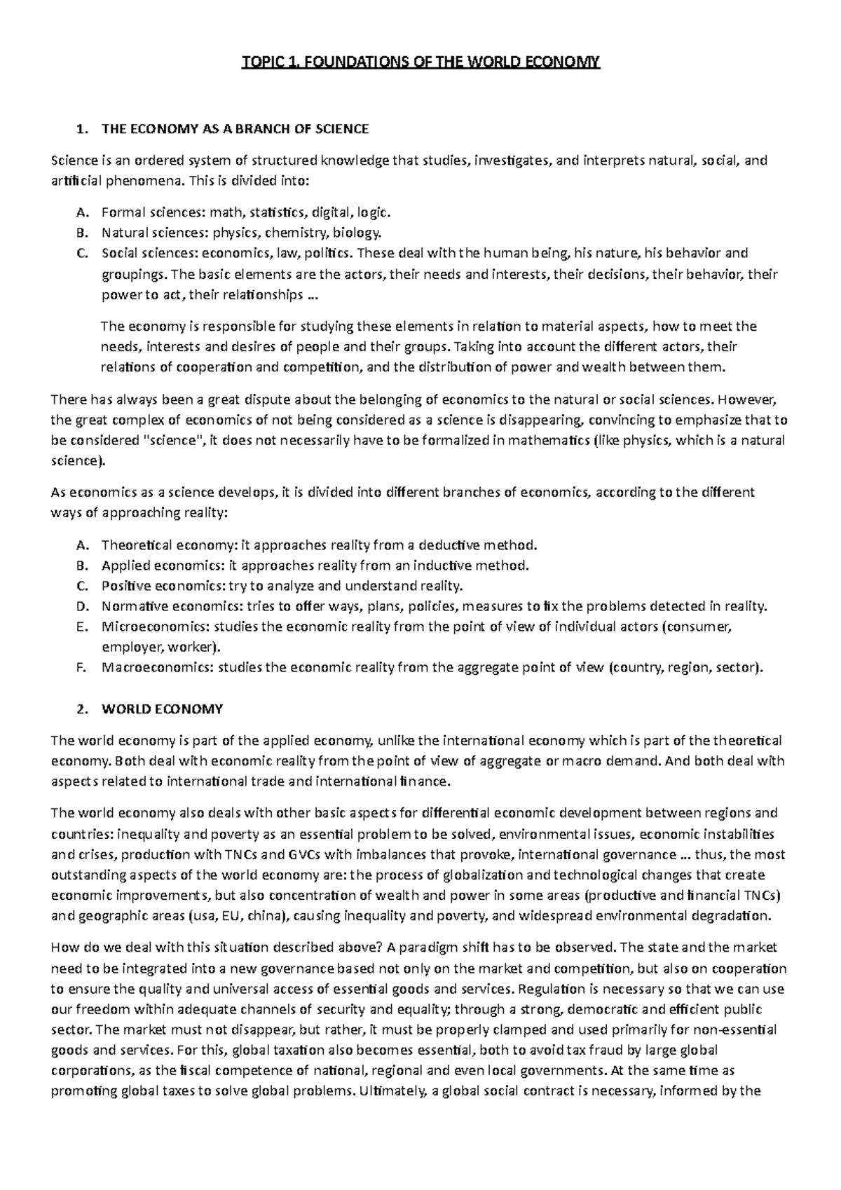 Lesson 1 Environmental Economics TOPIC 1. FOUNDATIONS OF THE WORLD