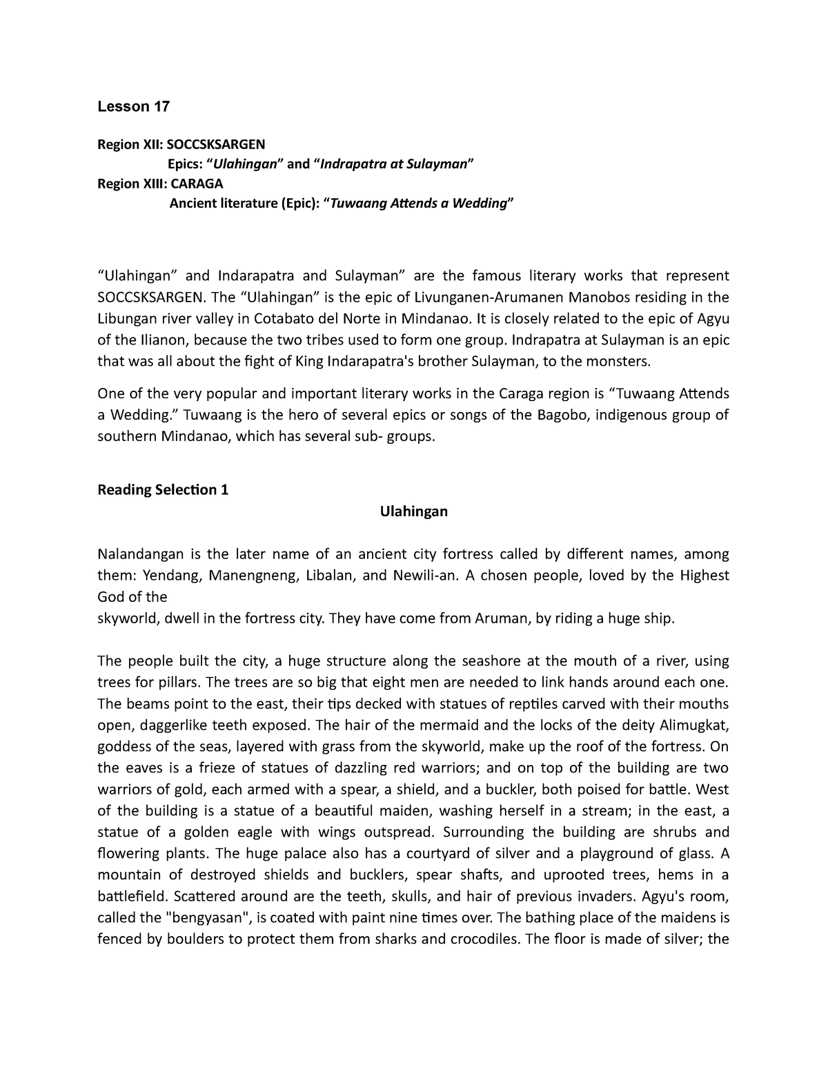 Lesson 16-17 Ulahingan” and “Indrapatra at Sulayman and Tuwaang Attends ...