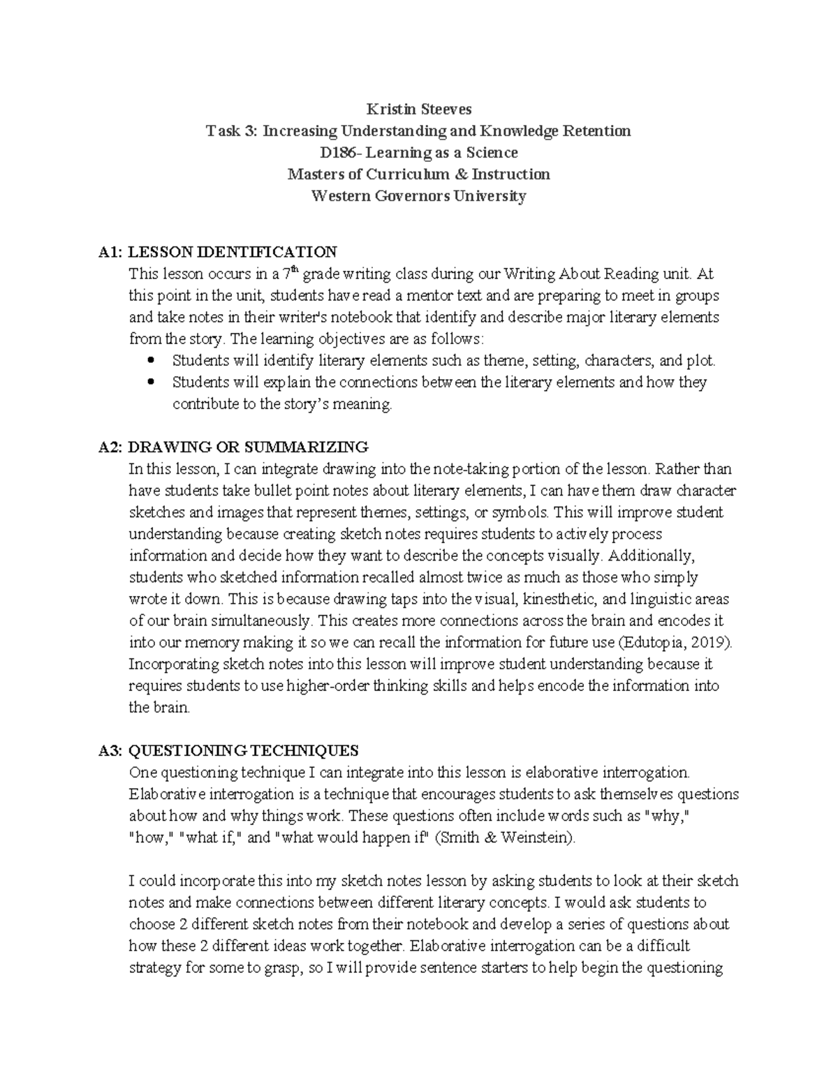 D186 Task 3: Increasing Understanding and Knowledge Retention - Kristin ...
