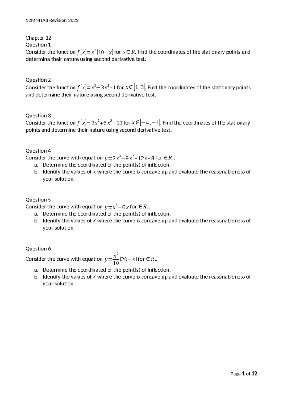 12MM IA3 Revision 2023 - Chapter 12 Question 1 Consider the function f ...